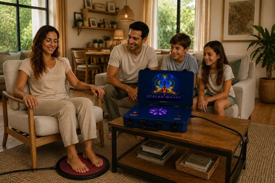 Familia completa usando el equipo Quantum Family en casa